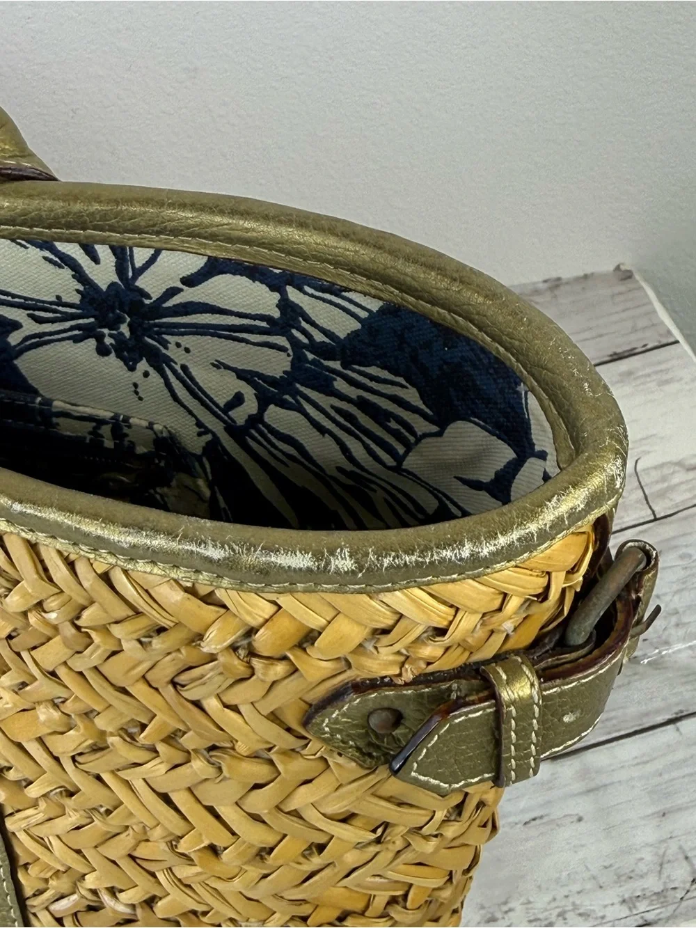 J. Crew Straw Tote with Metallic Gold Trim and Navy Interior